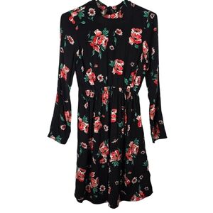 ASOS Black Dress with Red Floral Print Tied Keyhole Opening Elastic Waist Size 2